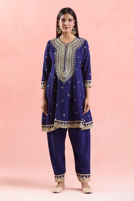 Samyukta Singhania Blue Georgette, Organza Gota Patti, Embroidery Round Neck And Dori Anarkali Set Online at Aza Fashions Samyukta Singhania_Blue Georgette, Organza Gota Patti, Embroidery Round Neck And Dori Anarkali Set_Online_at_Aza_Fashions