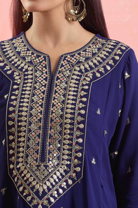 Shop Samyukta Singhania Blue Georgette, Organza Gota Patti, Embroidery Round Neck And Dori Anarkali Set Online at Aza Fashions Shop_Samyukta Singhania_Blue Georgette, Organza Gota Patti, Embroidery Round Neck And Dori Anarkali Set_Online_at_Aza_Fashions