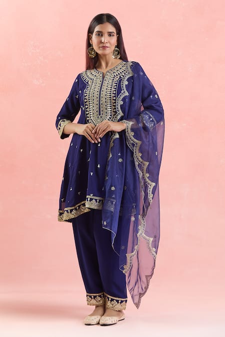 Shop Samyukta Singhania Blue Georgette, Organza Gota Patti, Embroidery Round Neck And Dori Anarkali Set Shop_Samyukta Singhania_Blue Georgette, Organza Gota Patti, Embroidery Round Neck And Dori Anarkali Set