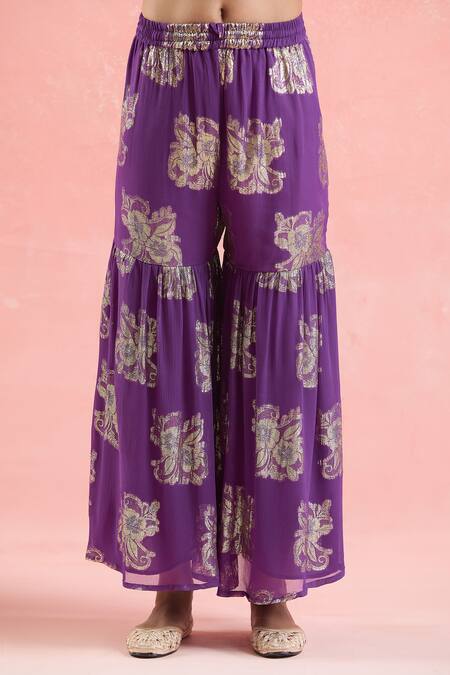 Samyukta Singhania_Purple Chanderi Silk, Georgette, Organza Sequins, Embroidery Kurta Sharara Set_Online_at_Aza_Fashions