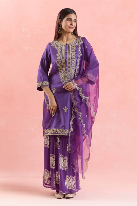 Buy_Samyukta Singhania_Purple Chanderi Silk, Georgette, Organza Sequins, Embroidery Kurta Sharara Set_Online_at_Aza_Fashions