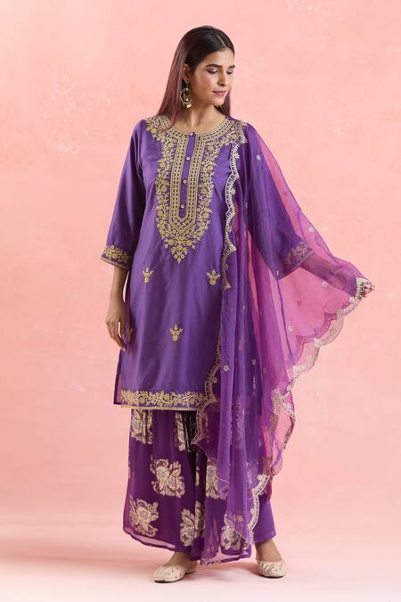 Shop_Samyukta Singhania_Purple Chanderi Silk, Georgette, Organza Sequins, Embroidery Kurta Sharara Set_Online_at_Aza_Fashions
