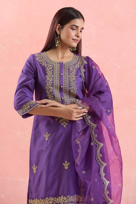 Samyukta Singhania_Purple Chanderi Silk, Georgette, Organza Sequins, Embroidery Kurta Sharara Set_at_Aza_Fashions