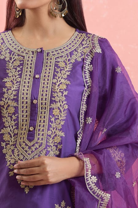 Buy_Samyukta Singhania_Purple Chanderi Silk, Georgette, Organza Sequins, Embroidery Kurta Sharara Set
