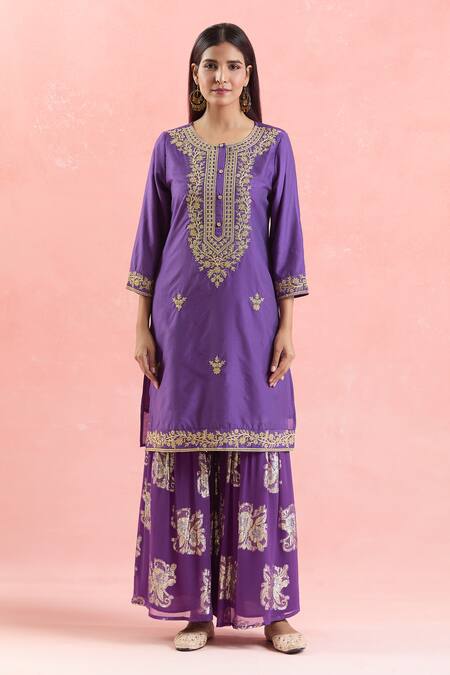 Shop_Samyukta Singhania_Purple Chanderi Silk, Georgette, Organza Sequins, Embroidery Kurta Sharara Set
