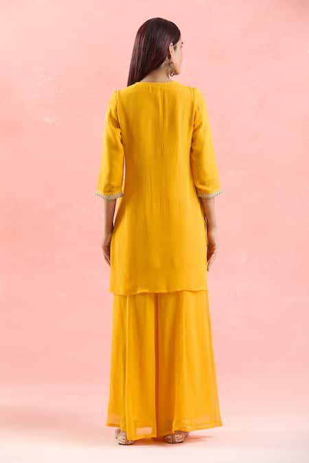 Shop Samyukta Singhania Yellow Georgette Embroidery, Gota Patti Round Neck Floral Kurta Palazzo Set at Aza Fashions Shop_Samyukta Singhania_Yellow Georgette Embroidery, Gota Patti Round Neck Floral Kurta Palazzo Set _at_Aza_Fashions