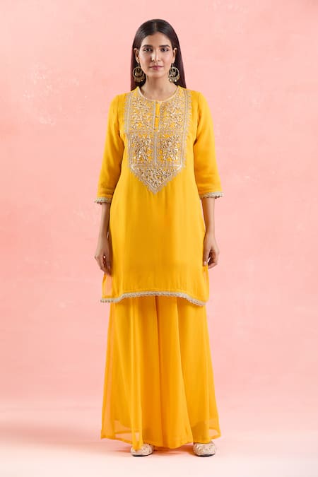 Samyukta Singhania Yellow Georgette Embroidery, Gota Patti Round Neck Floral Kurta Palazzo Set Online at Aza Fashions Samyukta Singhania_Yellow Georgette Embroidery, Gota Patti Round Neck Floral Kurta Palazzo Set _Online_at_Aza_Fashions