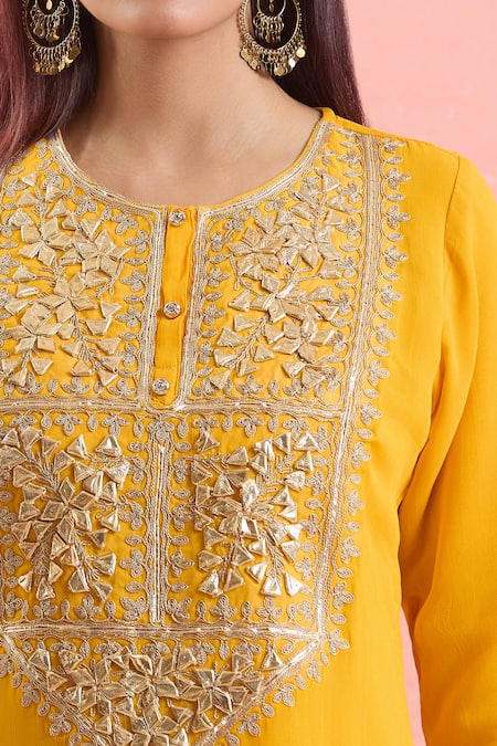 Buy Samyukta Singhania Yellow Georgette Embroidery, Gota Patti Round Neck Floral Kurta Palazzo Set Online at Aza Fashions Buy_Samyukta Singhania_Yellow Georgette Embroidery, Gota Patti Round Neck Floral Kurta Palazzo Set _Online_at_Aza_Fashions