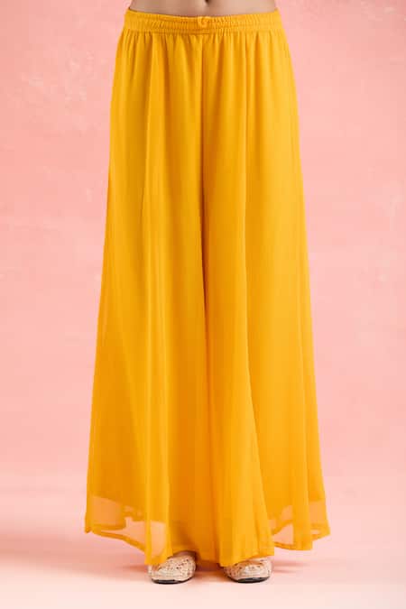 Shop Samyukta Singhania Yellow Georgette Embroidery, Gota Patti Round Neck Floral Kurta Palazzo Set Online at Aza Fashions Shop_Samyukta Singhania_Yellow Georgette Embroidery, Gota Patti Round Neck Floral Kurta Palazzo Set _Online_at_Aza_Fashions