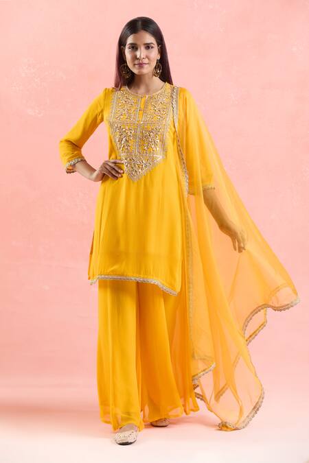 Samyukta Singhania Yellow Georgette Embroidery, Gota Patti Round Neck Floral Kurta Palazzo Set at Aza Fashions Samyukta Singhania_Yellow Georgette Embroidery, Gota Patti Round Neck Floral Kurta Palazzo Set _at_Aza_Fashions