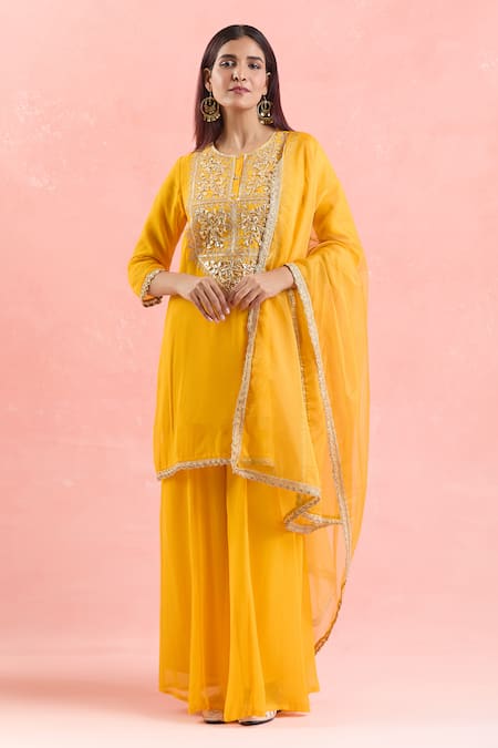 Buy Samyukta Singhania Yellow Georgette Embroidery, Gota Patti Round Neck Floral Kurta Palazzo Set Buy_Samyukta Singhania_Yellow Georgette Embroidery, Gota Patti Round Neck Floral Kurta Palazzo Set