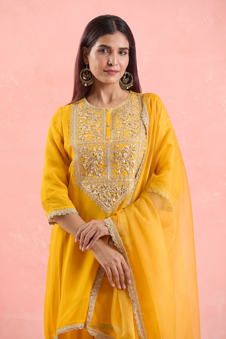 Shop Samyukta Singhania Yellow Georgette Embroidery, Gota Patti Round Neck Floral Kurta Palazzo Set Shop_Samyukta Singhania_Yellow Georgette Embroidery, Gota Patti Round Neck Floral Kurta Palazzo Set