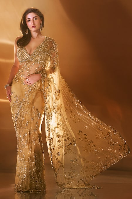 Seema Gujral Gold Net Embroidered Sequins Plunged Sweetheart Floral Saree With Blouse 