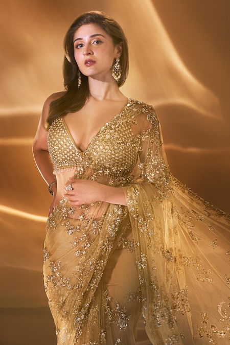 Shop_Seema Gujral_Gold Net Beads, Sequins, Pearls, Crystals Floral Embroidered Saree With Blouse _Online_at_Aza_Fashions