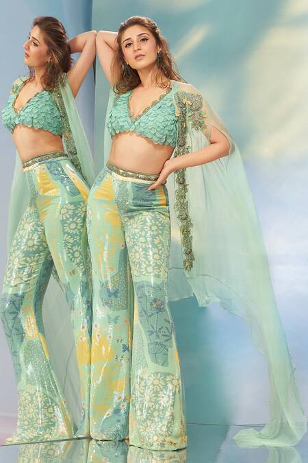 Shop_Awigna_Green Organza, Net, Silk Sequins, Asteria Enchanted Garden Cape Pant Set_Online_at_Aza_Fashions