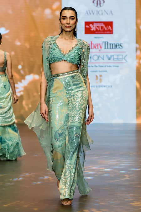 Awigna_Green Organza, Net, Silk Sequins, Asteria Enchanted Garden Cape Pant Set_at_Aza_Fashions