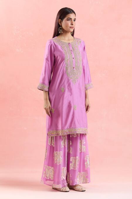 Samyukta Singhania_Pink Chanderi Silk, Georgette, Organza Embroidery, Zari, Gota Dori Kurta Set_Online_at_Aza_Fashions