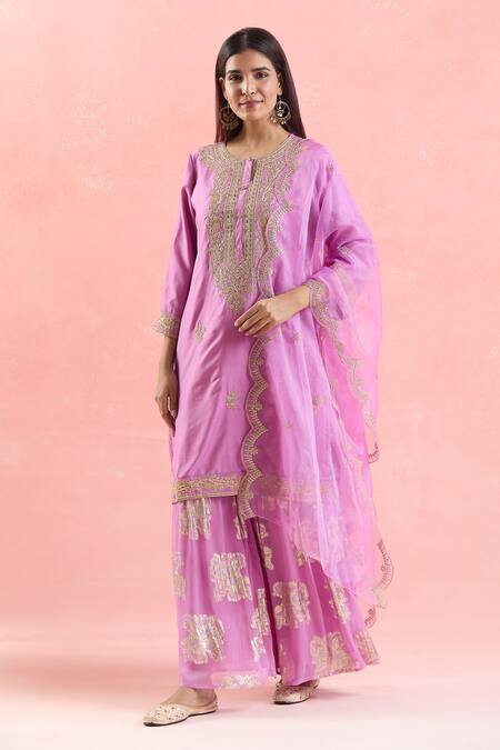 Buy_Samyukta Singhania_Pink Chanderi Silk, Georgette, Organza Embroidery, Zari, Gota Dori Kurta Set_Online_at_Aza_Fashions