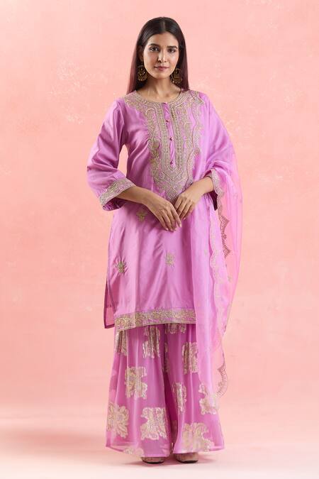 Shop_Samyukta Singhania_Pink Chanderi Silk, Georgette, Organza Embroidery, Zari, Gota Dori Kurta Set_Online_at_Aza_Fashions