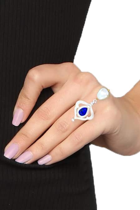 Buy_Ornamaas_Blue Cubic Zirconia Clover Teardrop Embellished Ring _Online_at_Aza_Fashions