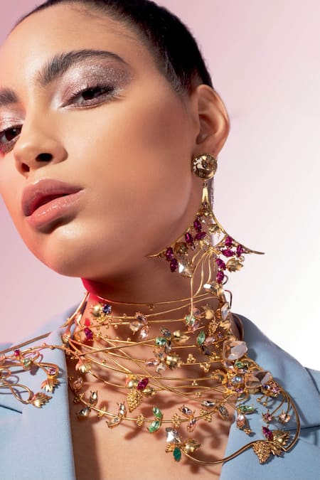 Buy_Ornamaas_Gold Plated Cubic Zirconia Ivy Bloom Embellished Earrings _Online_at_Aza_Fashions