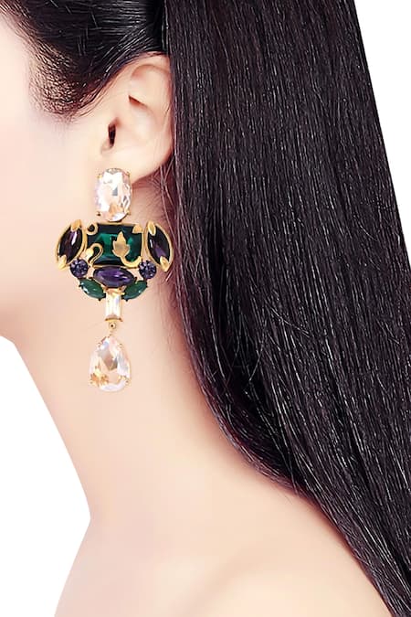 ORNAMAAS Cubic Zirconia Embellished Royal Crest Drop Earrings 