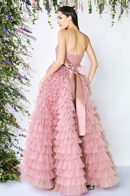 Shop Shivani Awasty Pink Net Corset Ruffle Gown at Aza Fashions Shop_Shivani Awasty_Pink Net Corset Ruffle Gown _at_Aza_Fashions