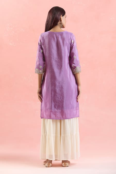 Shop_Samyukta Singhania_Purple Organza, Georgette Embroidery, Gota Patti Round Neck Kurta Sharara Set _at_Aza_Fashions
