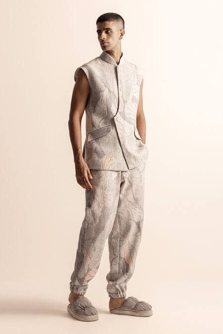 Abhishek Sharma_Ivory , Handloom Lotus Pond Print Bundi And Jogger Pant Set _Online_at_Aza_Fashions