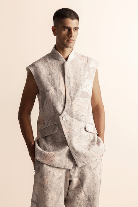 Buy_Abhishek Sharma_Ivory , Handloom Lotus Pond Print Bundi And Jogger Pant Set _Online_at_Aza_Fashions