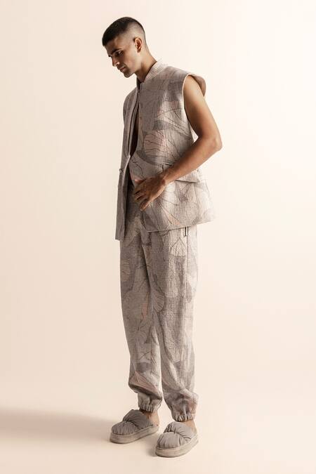 Shop_Abhishek Sharma_Ivory , Handloom Lotus Pond Print Bundi And Jogger Pant Set _Online_at_Aza_Fashions