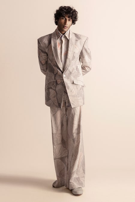 Abhishek Sharma_Ivory Handloom , Lotus Pond Printed Jacket And Flared Pant Set _Online_at_Aza_Fashions