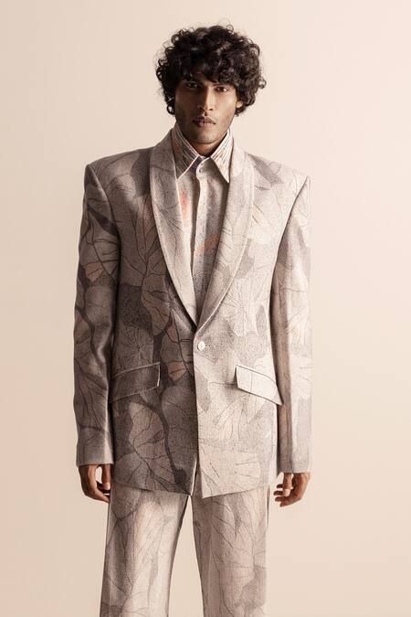 Buy_Abhishek Sharma_Ivory Handloom , Lotus Pond Printed Jacket And Flared Pant Set _Online_at_Aza_Fashions