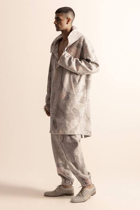 Abhishek Sharma_Ivory Handloom Cotton Lotus Pond Printed Hoodie Jacket And Jogger Pant _Online_at_Aza_Fashions