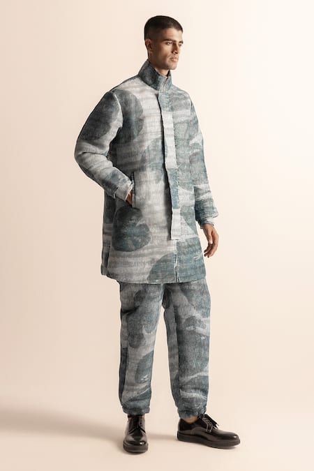 Abhishek Sharma_Blue Polyester Lotus Pond Print Jacket And Jogger Pant Set _Online_at_Aza_Fashions