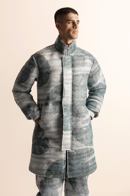 Buy_Abhishek Sharma_Blue Polyester Lotus Pond Print Jacket And Jogger Pant Set _Online_at_Aza_Fashions