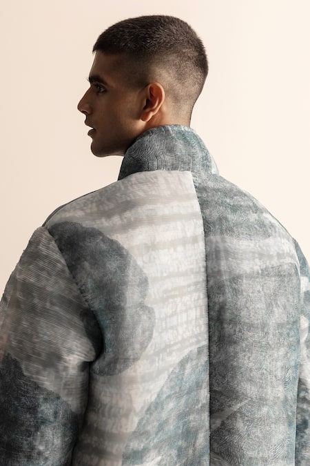 Shop_Abhishek Sharma_Blue Polyester Lotus Pond Print Jacket And Jogger Pant Set _Online_at_Aza_Fashions