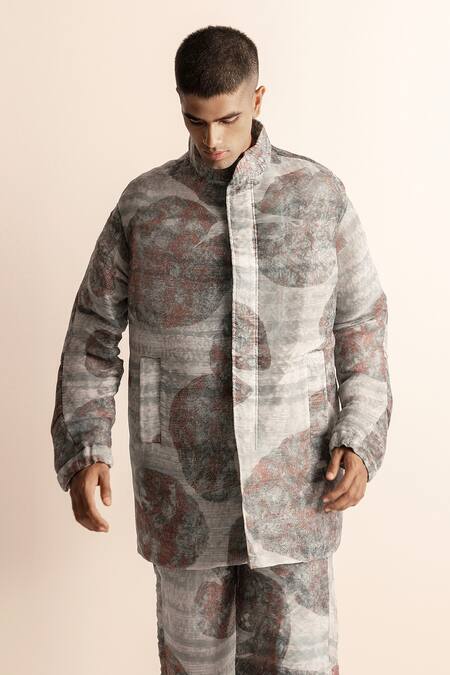 Abhishek Sharma_Ivory Polyester Lotus Pond Print Jacket And Trouser Set _Online_at_Aza_Fashions