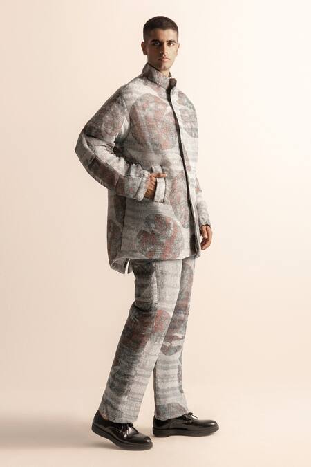 Buy_Abhishek Sharma_Ivory Polyester Lotus Pond Print Jacket And Trouser Set _Online_at_Aza_Fashions