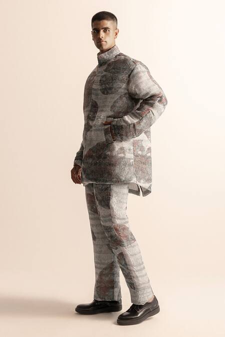 Shop_Abhishek Sharma_Ivory Polyester Lotus Pond Print Jacket And Trouser Set _Online_at_Aza_Fashions