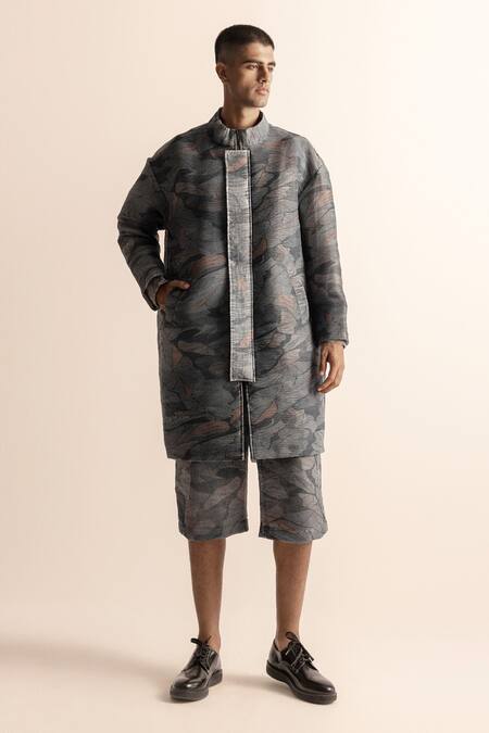 Abhishek Sharma_Gray Polyester Lotus Pond Printed Jacket And Cropped Trouser _Online_at_Aza_Fashions