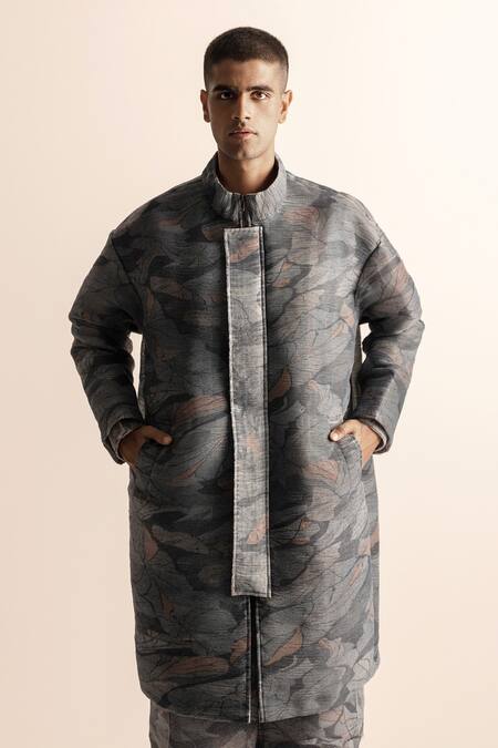 Buy_Abhishek Sharma_Gray Polyester Lotus Pond Printed Jacket And Cropped Trouser _Online_at_Aza_Fashions