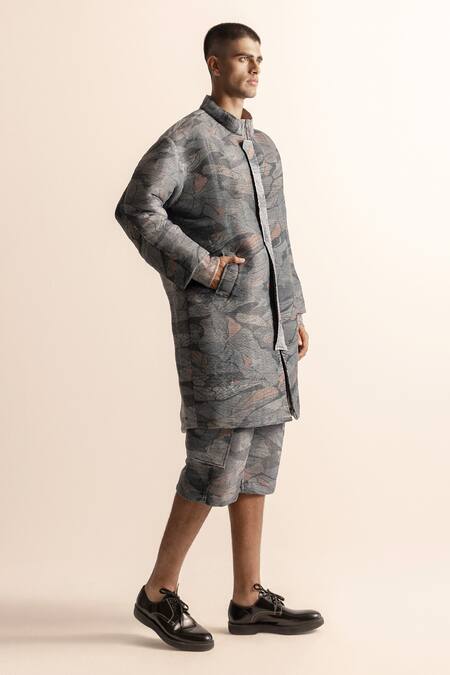 Shop_Abhishek Sharma_Gray Polyester Lotus Pond Printed Jacket And Cropped Trouser _Online_at_Aza_Fashions