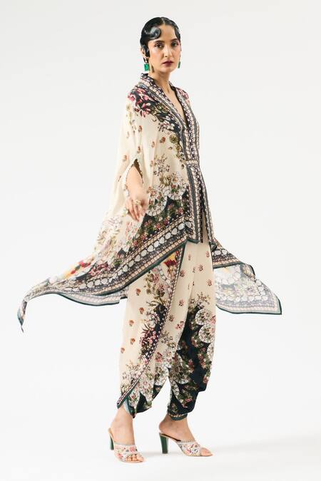 Buy_Rajdeep Ranawat_Beige Modal Satin Printed Garden Dhoti Pant _Online_at_Aza_Fashions