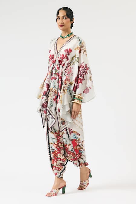 Shop Rajdeep Ranawat Red Modal, Satin Botanical Print Dhoti Pant at Aza Fashions Shop_Rajdeep Ranawat_Red Modal, Satin Botanical Print Dhoti Pant _at_Aza_Fashions