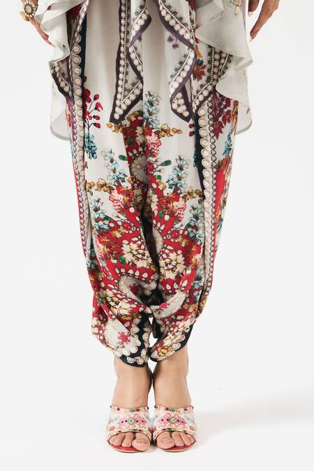 Shop Rajdeep Ranawat Red Modal, Satin Botanical Print Dhoti Pant Online at Aza Fashions Shop_Rajdeep Ranawat_Red Modal, Satin Botanical Print Dhoti Pant _Online_at_Aza_Fashions