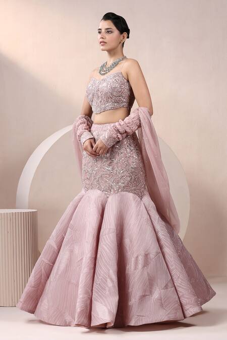 Chaashni By Maansi And Ketan_Pink Organza, Net Cut Work, Sequins, Beads Cutdana And Embroidered Lehenga Set_at_Aza_Fashions