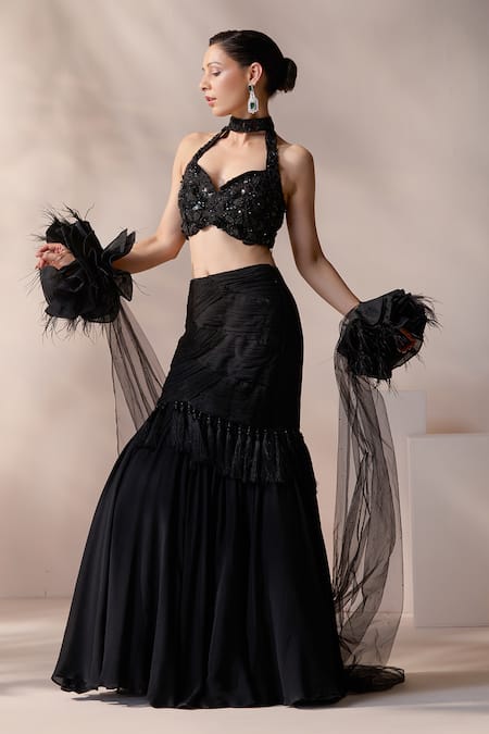 Buy_Chaashni By Maansi And Ketan_Black Organza, Net, Chiffon Cut Work, Sequins, Fishcut Embroidered Lehenga Set _Online_at_Aza_Fashions