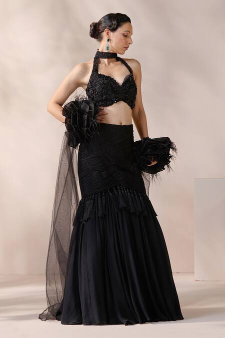 Shop_Chaashni By Maansi And Ketan_Black Organza, Net, Chiffon Cut Work, Sequins, Fishcut Embroidered Lehenga Set _Online_at_Aza_Fashions