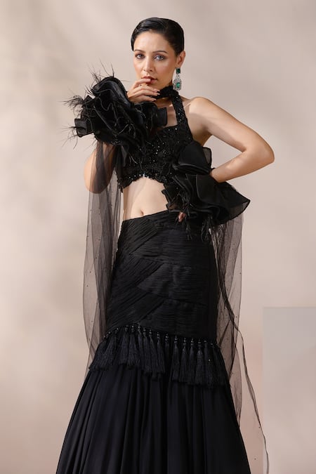 Chaashni By Maansi And Ketan_Black Organza, Net, Chiffon Cut Work, Sequins, Fishcut Embroidered Lehenga Set _at_Aza_Fashions